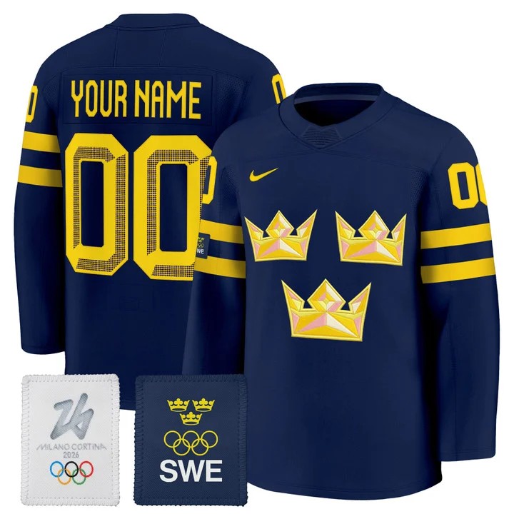 Men's Sweden Hockey 2026 Olympic Custom Navy Nike Premium Stitched Jersey