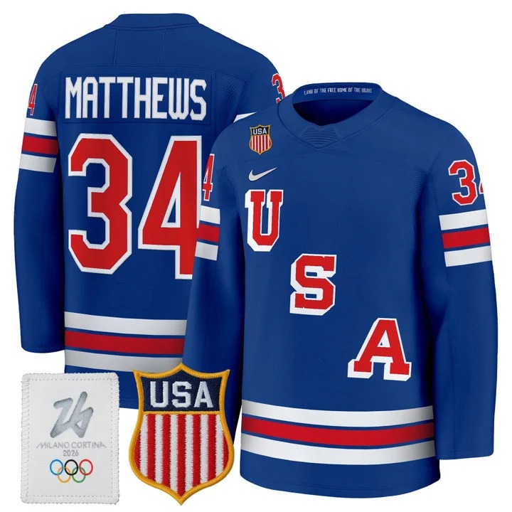 Men's USA Hockey 2026 Olympic #34 Auston Matthews Royal Nike Premium Stitched Jersey