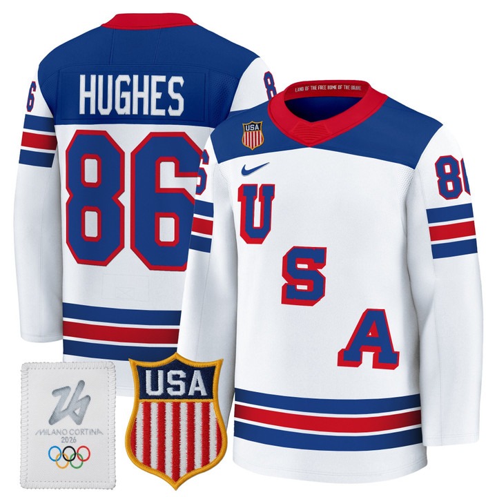 Men's USA Hockey 2026 Olympic #86 Jack Hughes White Nike Premium Stitched Jersey