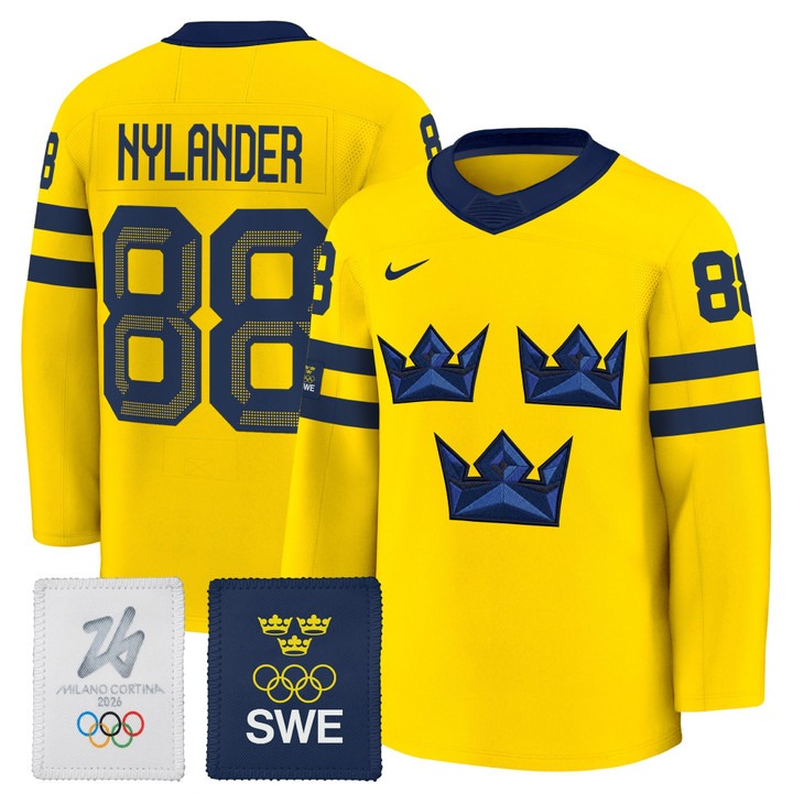 Men's Sweden Hockey 2026 Olympic #88 William Nylander Gold Nike Premium Stitched Jersey