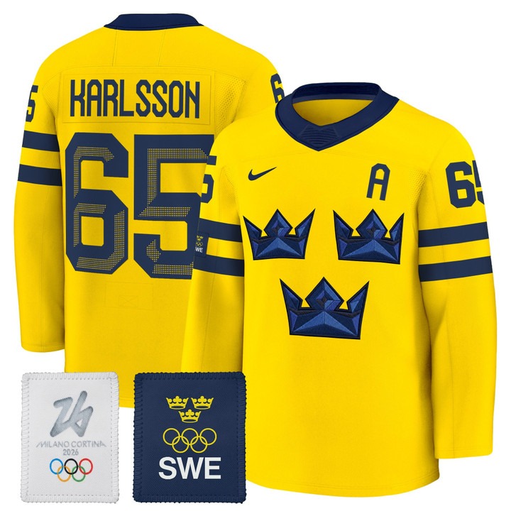 Men's Sweden Hockey 2026 Olympic #65 Erik Karlsson Gold Nike Premium Stitched Jersey
