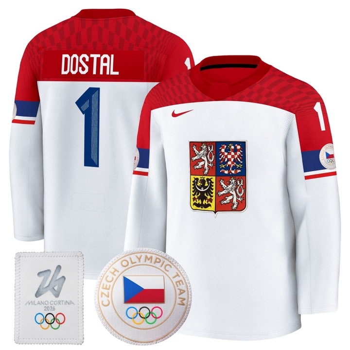 Men's Czechia Hockey 2026 Olympic #1 Lukas Dostal White Premium Nike Stitched Jersey