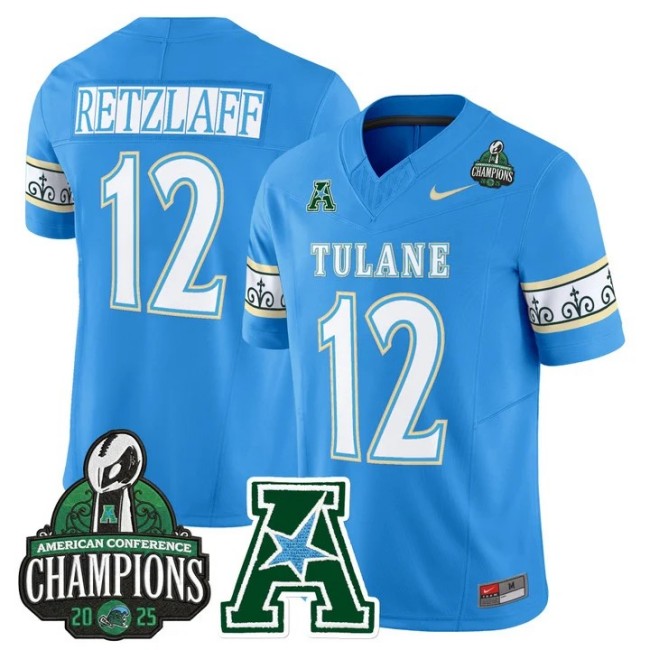 Men's & Women's & Youth Tulane Green Wave #12 Jake Retzlaff 'City Edition' 2025 AAC Champions Patch F.U.S.E. Vapor Limited Stitched Jersey Blue