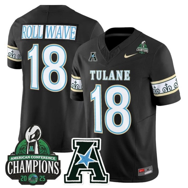 Men's & Women's & Youth Tulane Green Wave #18 ROLL WAVE 'City Edition' 2025 AAC Champions Patch F.U.S.E. Vapor Limited Stitched Jersey Black