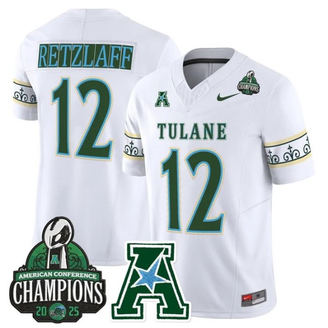 Men's & Women's & Youth Tulane Green Wave #12 Jake Retzlaff 'City Edition' 2025 AAC Champions Patch F.U.S.E. Vapor Limited Stitched Jersey White