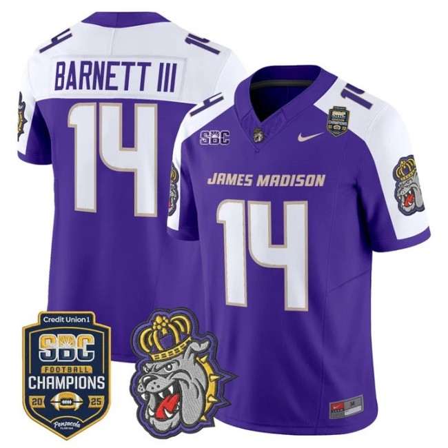 Men's & Women's & Youth James Madison Dukes #14 Alonza Barnett III 2025 SBC Champions F.U.S.E. Vapor Limited Stitched football Jersey Purple Alternate