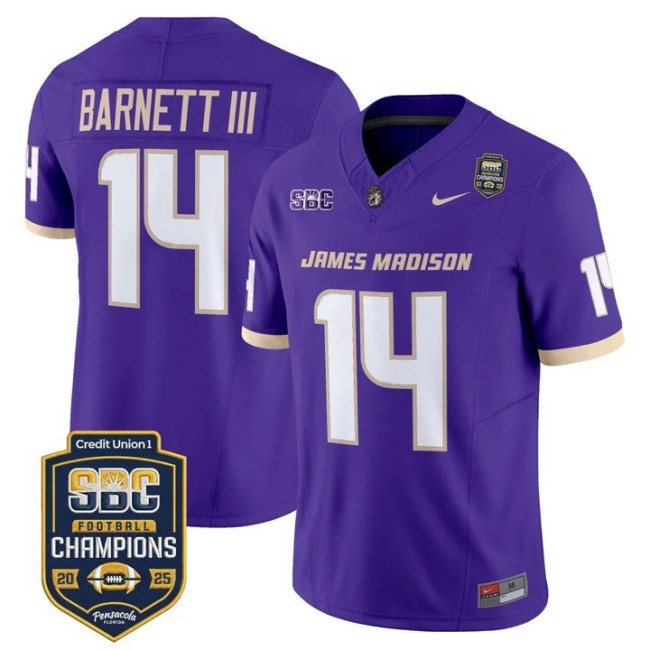 Men's & Women's & Youth James Madison Dukes #14 Alonza Barnett III 2025 SBC Champions F.U.S.E. Vapor Limited Stitched football Jersey Purple