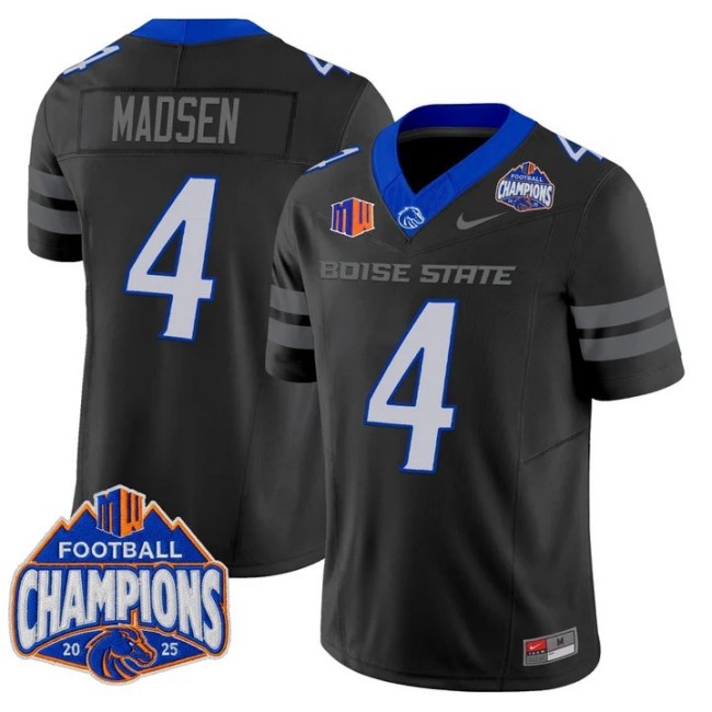Men's & Women's & Youth Boise State Broncos #4 Maddux Madsen 2025 Mountain West Football Champions F.U.S.E. Vapor Limited Stitched Jersey Black