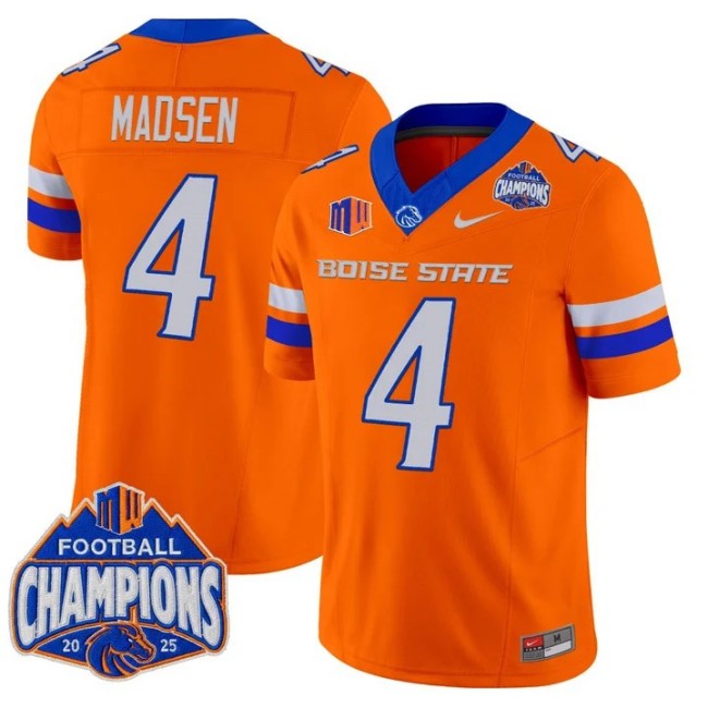 Men's & Women's & Youth Boise State Broncos #4 Maddux Madsen 2025 Mountain West Football Champions F.U.S.E. Vapor Limited Stitched Jersey Orange