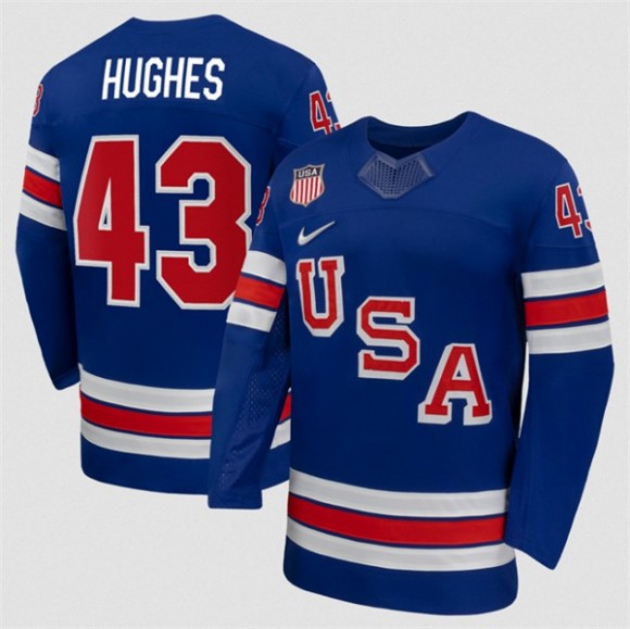 Men's USA Hockey #43 Quinn Hughes Royal 2026 Nike Stitched Jersey