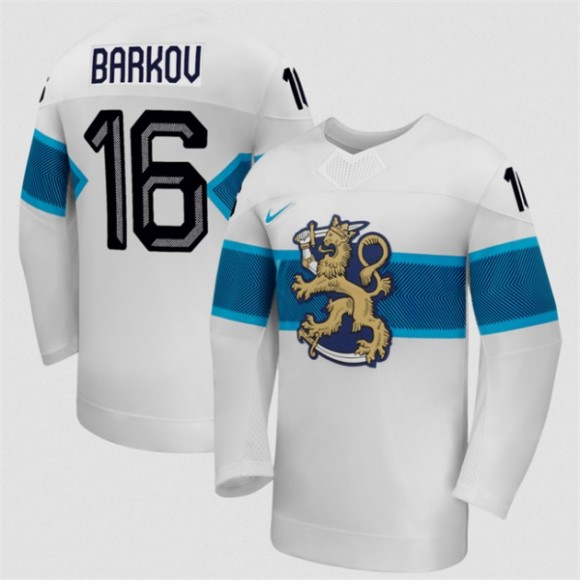 Men's Finland Hockey #16 Aleksander Barkov White 2026 Away Stitched Jersey