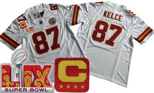 Men's Kansas City Chiefs #87 Travis Kelce Nike Limited White C Patch Super Bowl LIX FUSE Vapor NFL Stitched Jersey