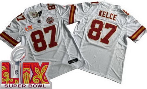 Men's Kansas City Chiefs #87 Travis Kelce Nike Limited White Super Bowl LIX FUSE Vapor NFL Stitched Jersey