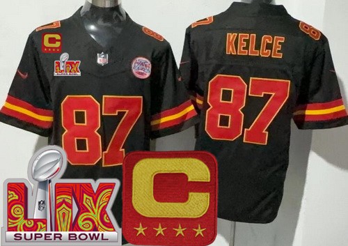 Men's Kansas City Chiefs #87 Travis Kelce Nike Limited Black C Patch Super Bowl LIX FUSE Vapor NFL Stitched Jersey