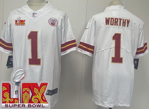 Men's Kansas City Chiefs #1 Xavier Worthy Nike Limited White Super Bowl LIX Vapor NFL Stitched Jersey