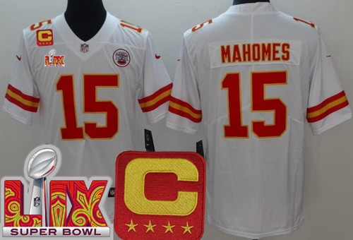 Men's Kansas City Chiefs #15 Patrick Mahomes Nike Limited White C Patch Super Bowl LIX Vapor NFL Stitched Jersey