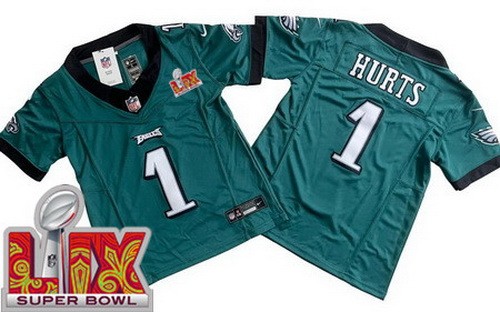 Youth Philadelphia Eagles #1 Jalen Hurts Nike Limited Green Super Bowl LIX Vapor FUSE NFL Stitched Jersey