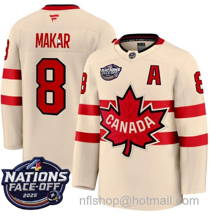 Men's Canada #8 Cale Makar Cream 4 Nations Face-Off 2025 Stitched Jersey