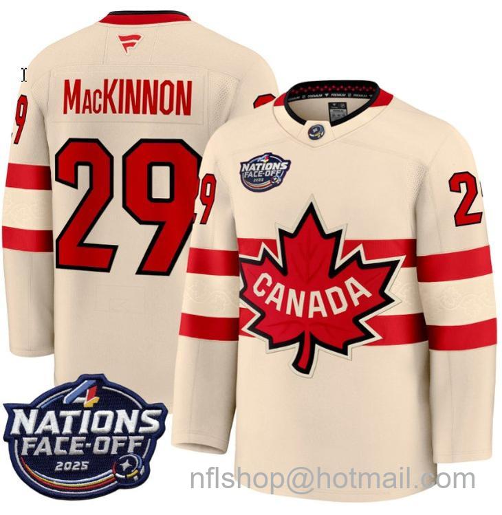 Men's Canada #29 Nathan MacKinnon Cream 4 Nations Face-Off 2025 Stitched Jersey