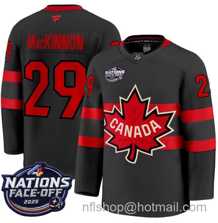 Men's Canada #29 Nathan MacKinnon 4 Black Nations Face-Off 2025 Stitched Jersey