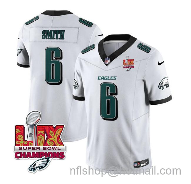 Men's Philadelphia Eagles #6 DeVonta Smith White 2025 Eagles Logo Super Bowl LIX Champions Patch New F.U.S.E. Vapor Untouchable Limited Stitched Football Jersey