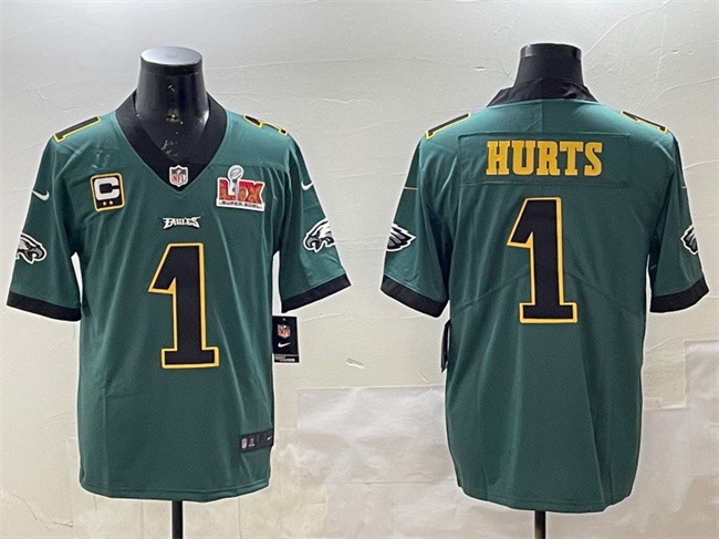 Men's Philadelphia Eagles #1 Jalen Hurts Green Golden 2025 Super Bowl LIX Patch And 2-star C Patch Vapor Untouchable Limited Stitched Football Jersey