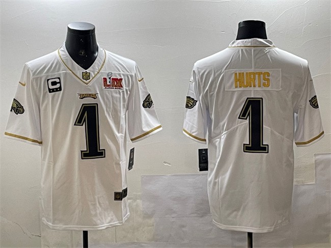 Men's Philadelphia Eagles #1 Jalen Hurts White_Gold 2025 Super Bowl LIX Patch And 3-star C Patch Salute To Service Vapor Untouchable Limited Stitched Football Jersey
