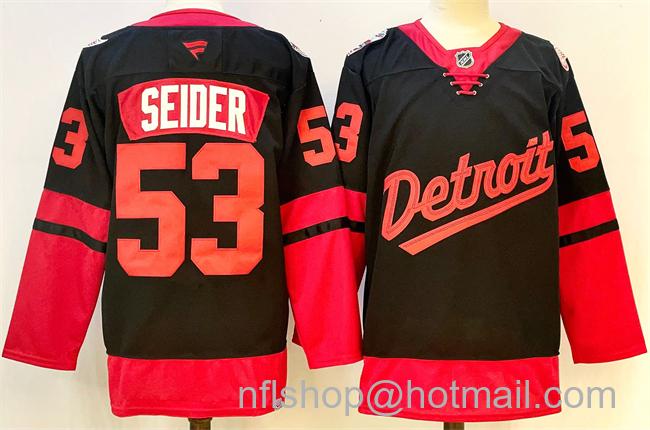 Men's Detroit Red Wings #53 Moritz Seider Black 2024-25 Stitched Jersey