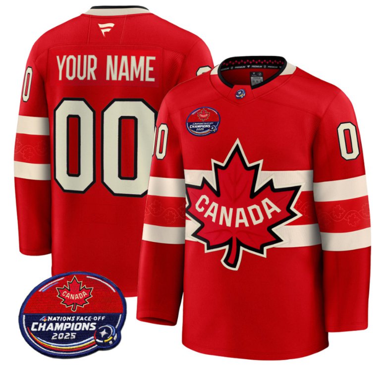 Men's Canada Custom Red 4 Nations Face-Off 2025 Champions V2 Stitched Hockey Jersey