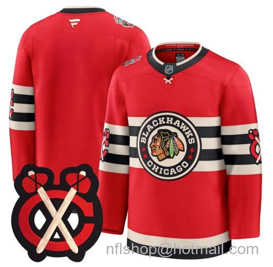 Men's Chicago Blackhawks Blank Team Winter Classic Patch Premium Red Stitched Jersey
