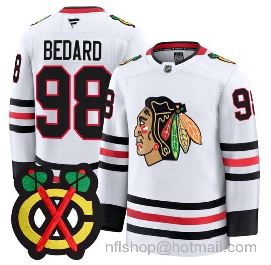 Men's Chicago Blackhawks Connor Bedard #98 Premium All White Stitched Jersey