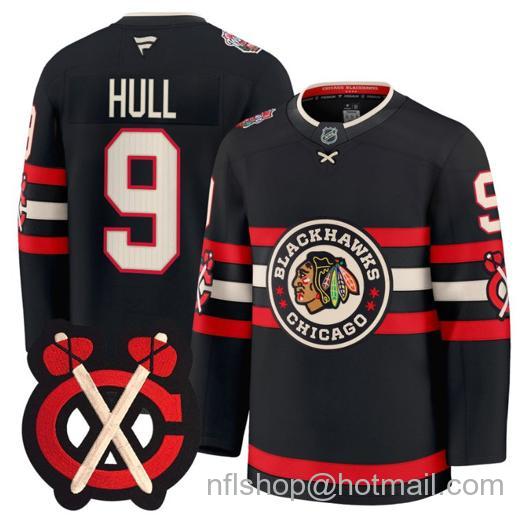 Men's Chicago Blackhawks Bobby Hull #9 Winter Classic Patch Black Stitched Jersey