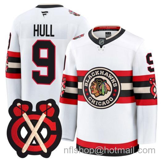 Men's Chicago Blackhawks Bobby Hull #9 Winter Classic Patch White Stitched Jersey