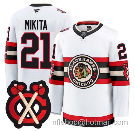 Men's Chicago Blackhawks Stan Mikita #21 Winter Classic Patch White Stitched Jersey