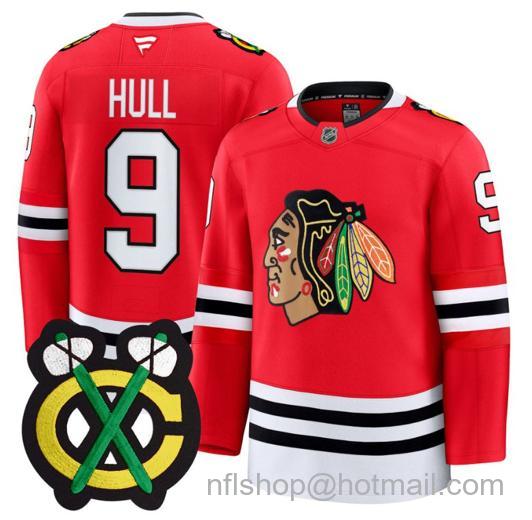 Men's Chicago Blackhawks Bobby Hull #9 Premium All Red Stitched Jersey