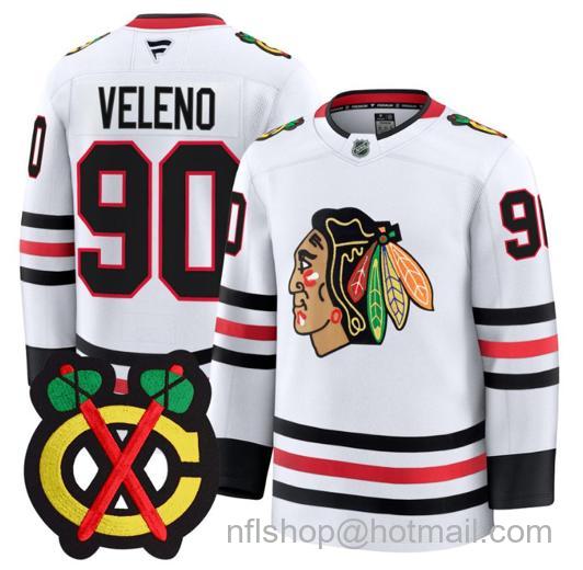Men's Chicago Blackhawks Joe Veleno #90 Premium All White Stitched Jersey