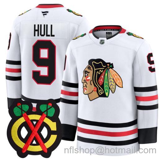 Men's Chicago Blackhawks Bobby Hull #9 Premium All White Stitched Jersey
