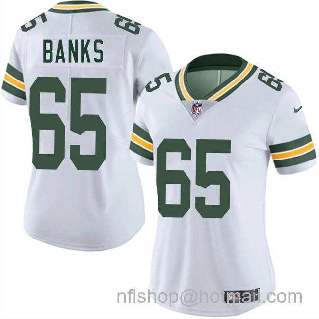 Women's Green Bay Packers #65 Aaron Banks White 2025 Vapor Untouchable Limited Stitched Jersey
