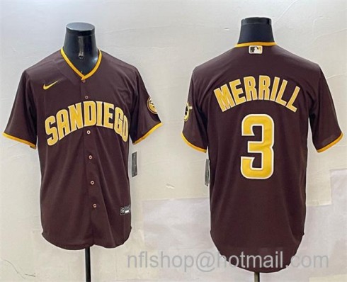 Men's San Diego Padres #3 Jackson Merrill Brown Cool Base Stitched Baseball Jersey