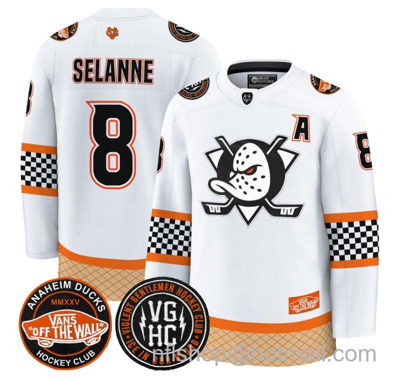 Men's Anaheim Ducks Teemu Selanne #8 Checkerboard 2025 Premium Stitched White Jersey