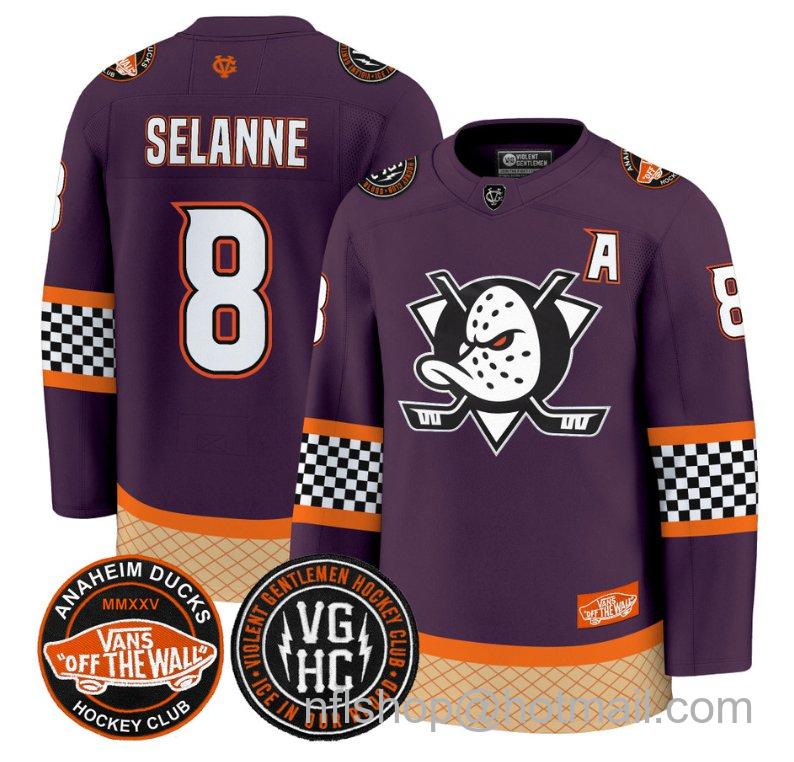 Men's Anaheim Ducks Teemu Selanne #8 Checkerboard 2025 Premium Stitched Purple Jersey