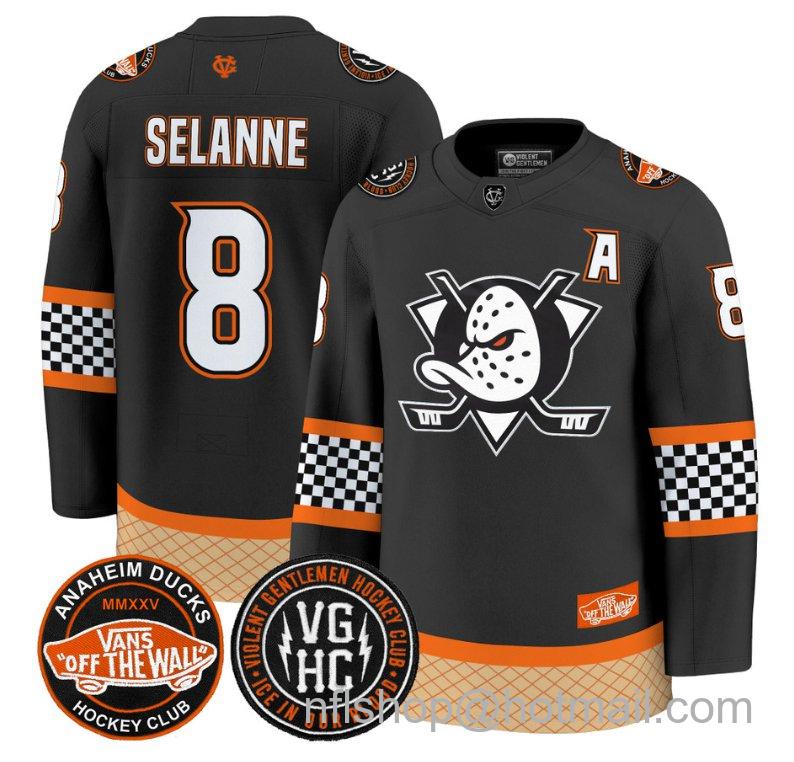 Men's Anaheim Ducks Teemu Selanne #8 Checkerboard 2025 Premium Stitched Black Jersey