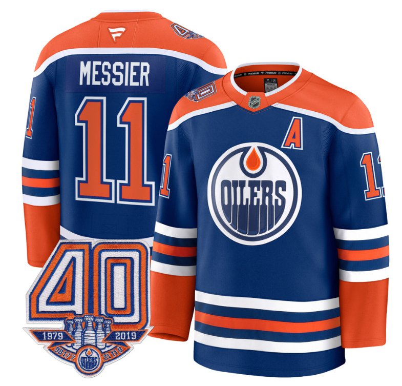 Men's Edmonton Oilers #11 Mark Messier Royal Home 40th Anniversary Patch Premium Stitched Hockey Jersey