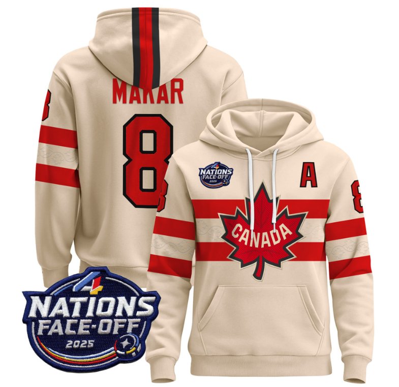 Men's Cale Makar Hoodie #8 Canada 4 Nations Face-Off 2025 Pullover V2 Cream