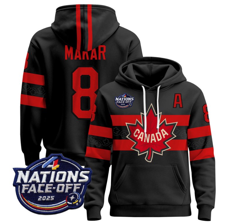 Men's Cale Makar Hoodie #8 Canada 4 Nations Face-Off 2025 Pullover V2 Black