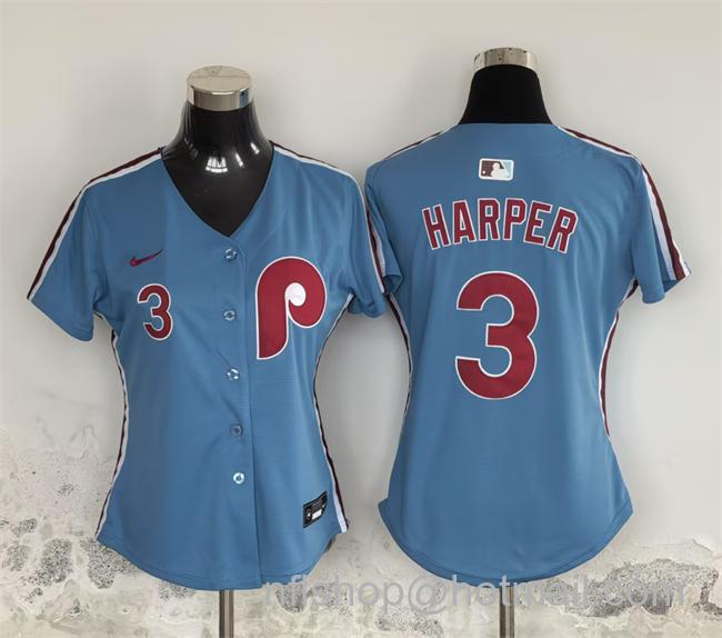 Women's Philadelphia Phillies #3 Bryce Harper Light Blue Stitched Baseball Jersey