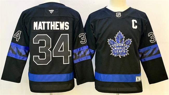 Youth Toronto Maple Leafs #34 Auston Matthews Black With C Patch 2024-25 Alternate Stitched Hockey Jersey