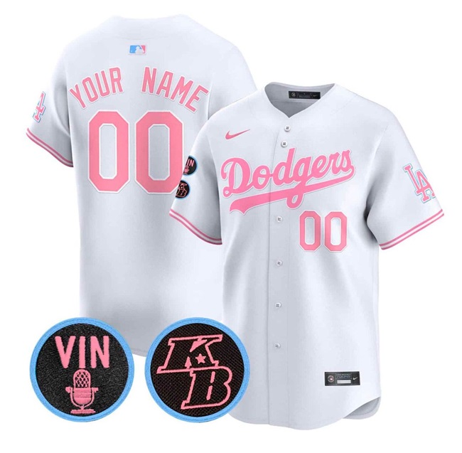 Men's Los Angeles Dodgers ACTIVE PLAYER Custom White Pink With Vin & Kobe Patch Limited Stitched Baseball Jersey