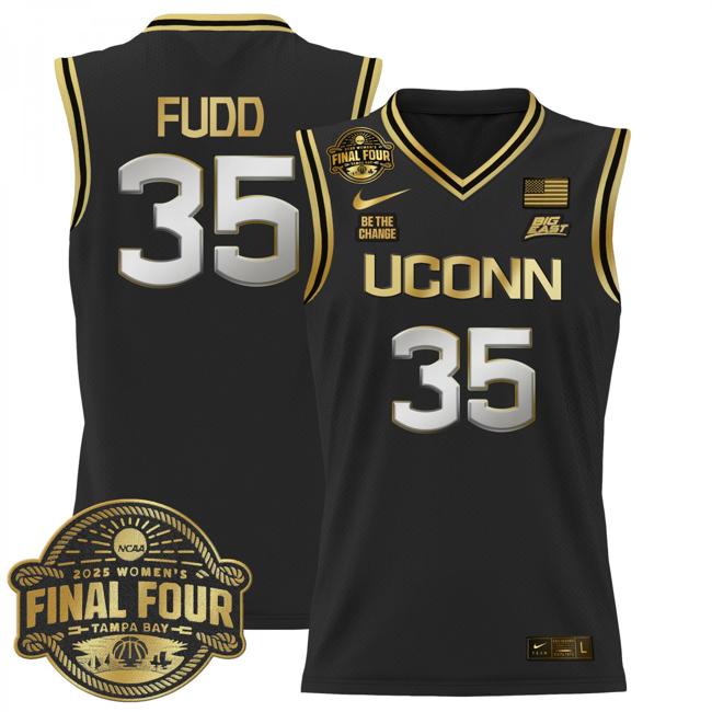 Women's Nike Azzi Fudd Jersey #35 UConn Huskies 2025 NCAA Women's Basketball Big East Final Four Patch Black Gold