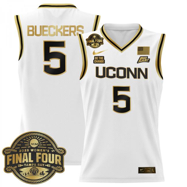 Women's Nike Paige Bueckers Jersey #5 UConn Huskies 2025 NCAA Women's Basketball Big East Final Four Patch White Gold